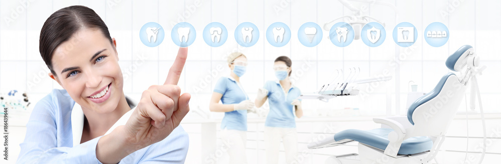 dental care concept, beautiful smiling woman on dentist clinic background with teeth icons and dentist's chair, pointing finger, web banner template dental care concept, beautiful smiling woman on dentist clinic background with teeth icons and dentist's chair, pointing finger, web banner template