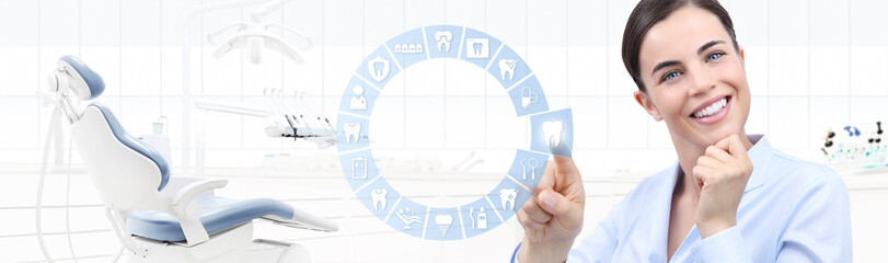 dental care concept, beautiful smiling woman on dentist clinic background with teeth icons and dentist's chair, pointing finger, web banner template
