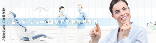 dental care concept, beautiful smiling woman on dentist clinic background with teeth icons and dentist's chair, pointing finger, web banner template