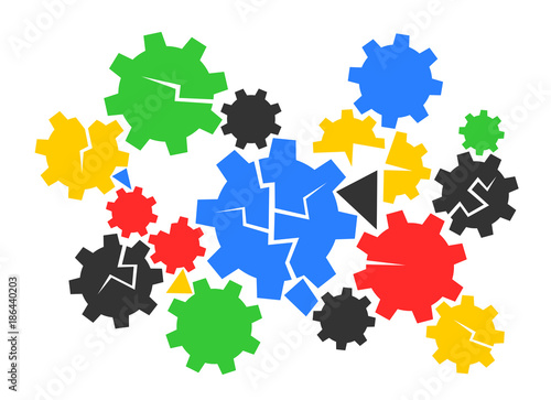 Mechanism and mechanical device in poor condition - cogwheel and gearwheel are defected, damaged, broken and destroyed. Vector illustration of deteriorated machine