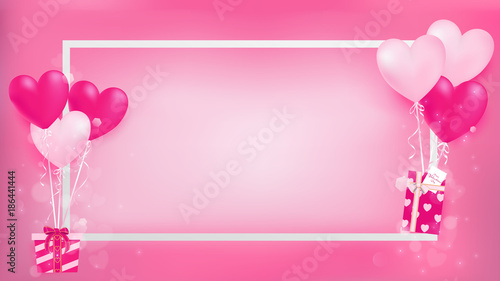 white border with balloon hearts holding sweet gifts on left and right ,artwork contain pastel colors and magic shapes are dropping from decor objects ,middle have some free space for copy and past.