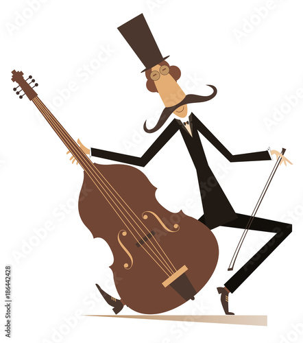 Cartoon long mustache cellist illustration isolated.n Smiling mustache man in the top hat is playing music on cello with inspiration 
