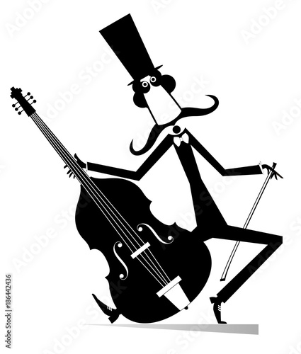 Cartoon long mustache saxophonist illustration isolated. Smiling mustache man in the top hat is playing music on saxophone with inspiration 

