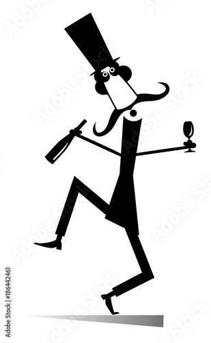 Dancing long mustache man in the top hat with bottle of wine and footed tumbler isolated black on white illustration