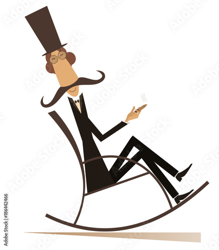 Man rests in the rocking chair with cigar isolated. Mustache man in the top hat sits in the rocking chair and smokes a cigar 
