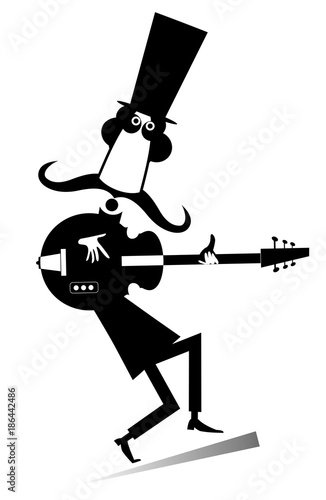 Cartoon long mustache guitarist is playing music illustration isolated. Mustache man in the top hat playing guitar silhouette black on white
