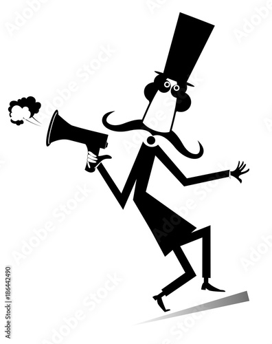 Cartoon long mustache man with megaphone illustration isolated. Mustache man in the top hat gives directions by megaphone silhouette black on white

