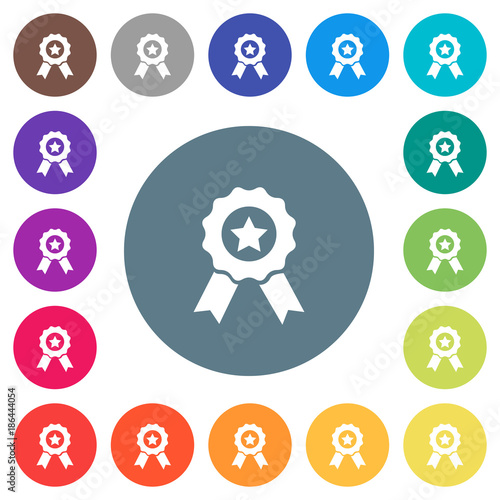 Award with ribbons flat white icons on round color backgrounds photo