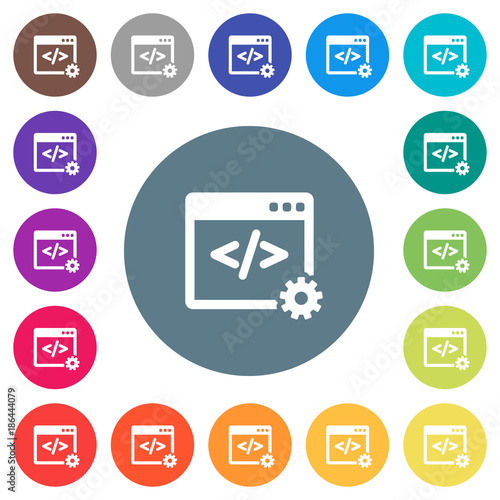 Web development flat white icons on round color backgrounds