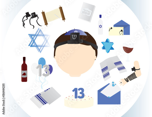Jewish boy icon with traditional Bar mitzvah elements