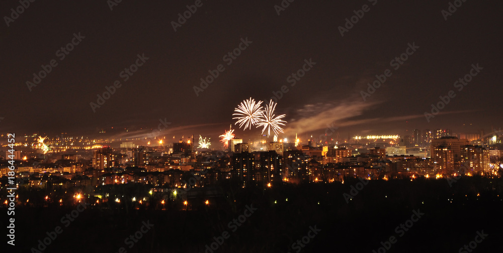 Fireworks above the city at evening time.Serbia.Novi Sad