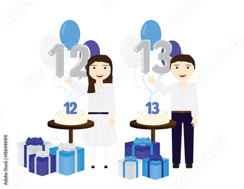 Jewish boy and girls celebrating Bar mitzvah and Bat mitzvah with cake gifts and balloons