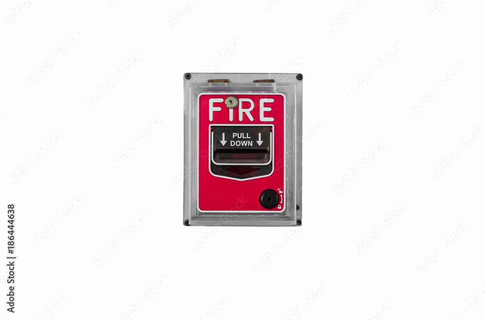 Fire alarm with hand pulling down on white background
