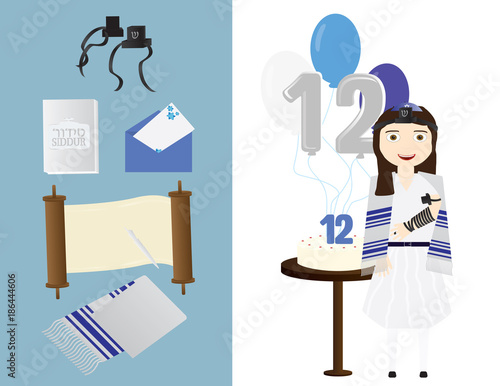 Reform Jewish girl Bat mitzvah with Jewish elements, cake and balloons