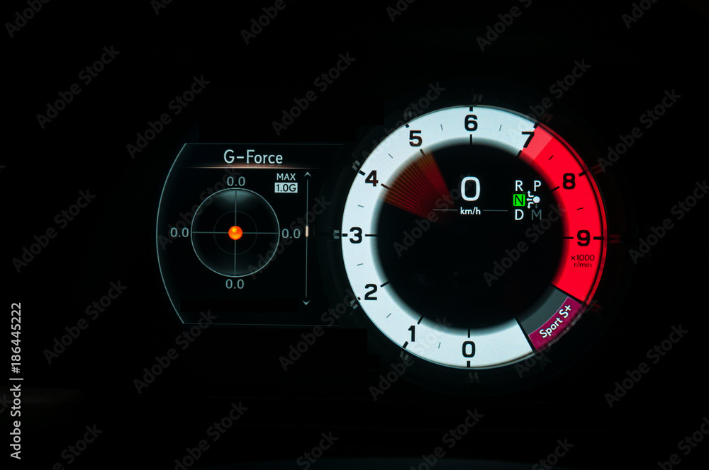 G Force Meter, Tachometer And Speedometer In Sports Car Stock Photo | Adobe  Stock