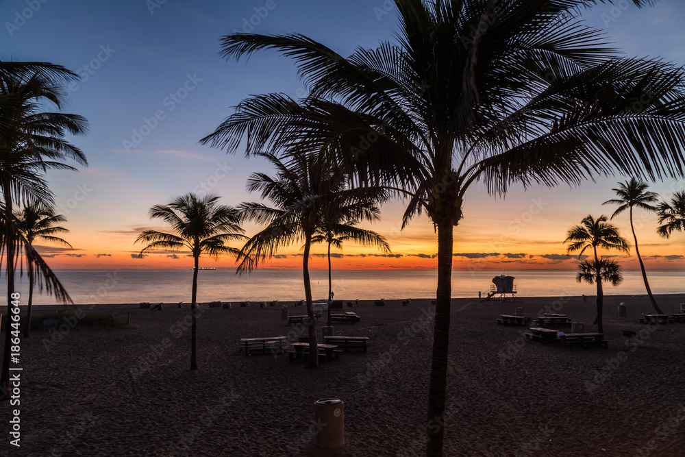 Stunning Colorful dawn over the sea at Fort Lauderdale beach, Florida.