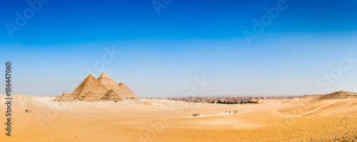 Panorama of the desert with the great pyramids of Giza, Egypt