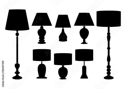 Silhouettes of floor lamps. Silhouettes of  table lamps isolated on white background. Stencils of lamps. Lamps for living room, bedroom. 