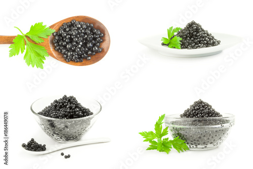 Collage of black caviar on a isolated white background
