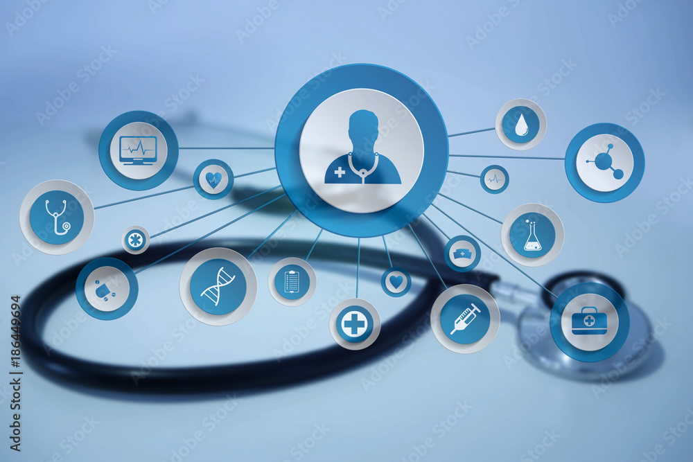 Fototapeta premium Medecine and general healthcare icon displayed on a technology medical interace interface