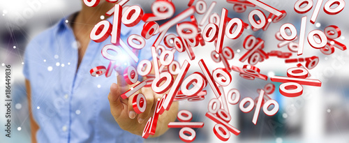 Businesswoman using white and red sales flying icons 3D rendering