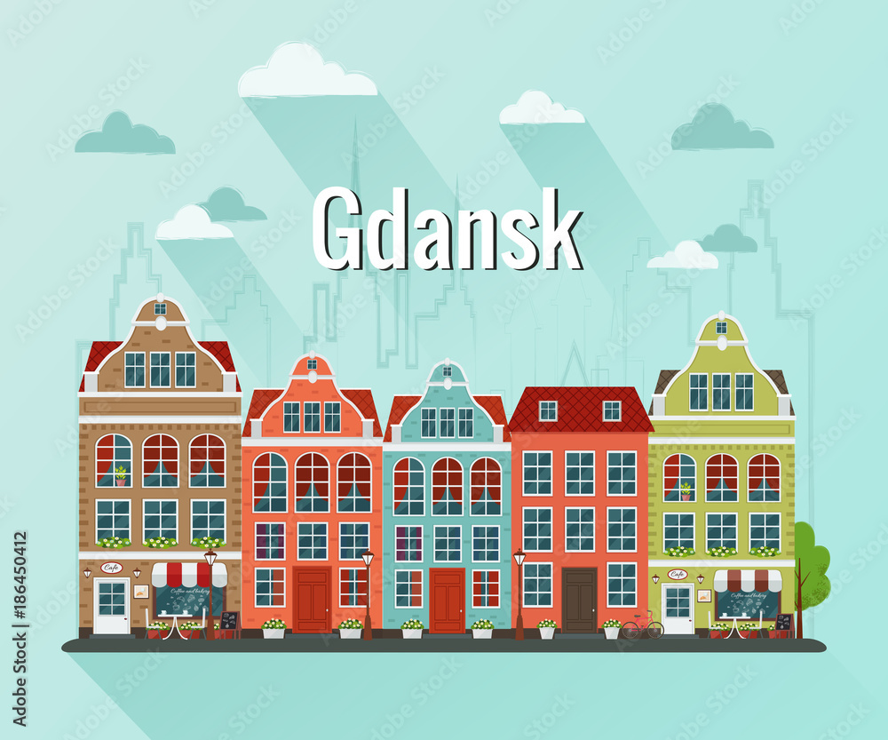 Vector illustration of european town Gdansk. Flat design. Old houses.