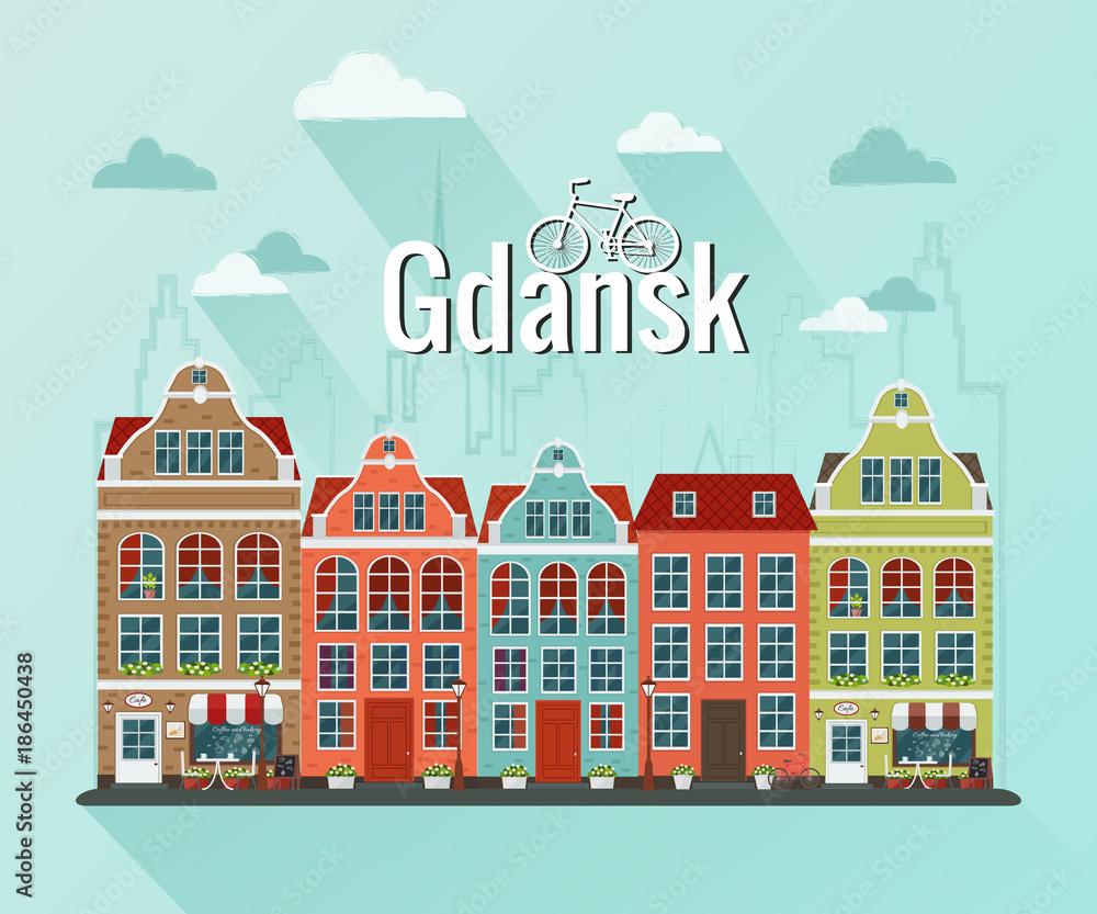 Vector illustration of european town Gdansk. Flat design. Old houses.