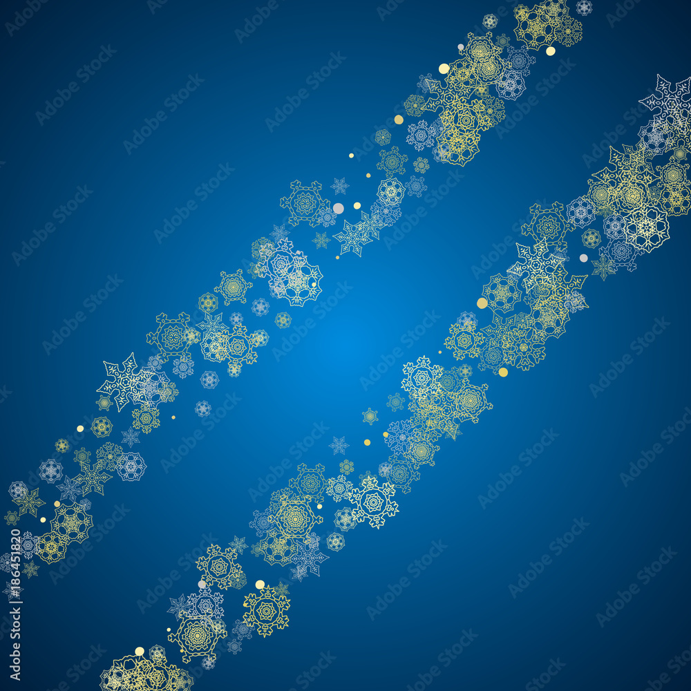 New Year frame with gold snowflakes on blue background. Winter window. Christmas and New Year frame for gift certificate, ads, banner, flyer, sales offers, event invitations. Glitter snow with sparkle