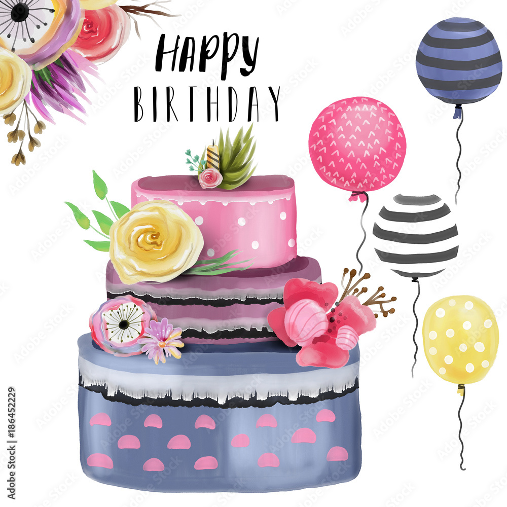 Beautiful watercolor Happy Birthday design element set, collection ...