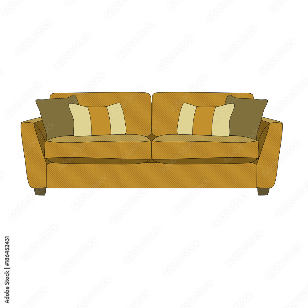 Modern brown sofa with decorative pillows. 3d cartoon style vector illustration isolated on white background Modern brown sofa with decorative pillows. 3d cartoon style vector illustration isolated on white background