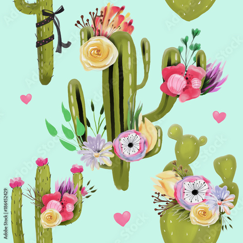 Beautiful watercolor cacti, cactuses, succulents with flowers, tied bows and hearts seamless pattern