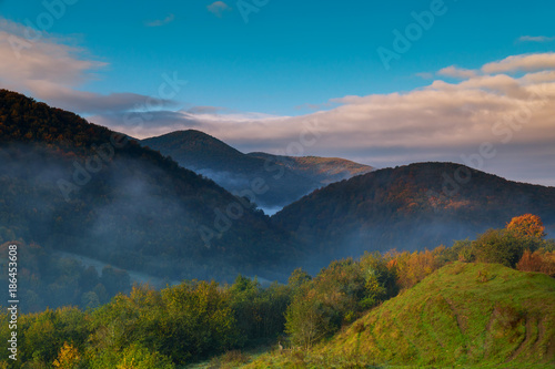 Beautiful autumn morning Mountain valley during sunrise. Natural landscape