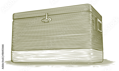 Woodcut illustration of an ice cooler.