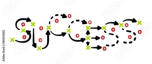 Success strategy concept vector with green and red marks on white tactic board