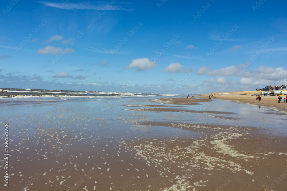 Beach view with dunes and waves at Bergen aan Zee, northern Holland. The sun is shining bright from a blue sky on a sunny day.