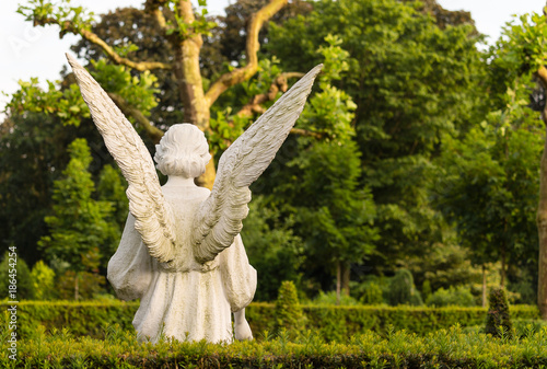 Back of a marble angel statue, standing on a grave, protecting  it. Graveyard with the back of a statue in front of trees and hedges in the background.