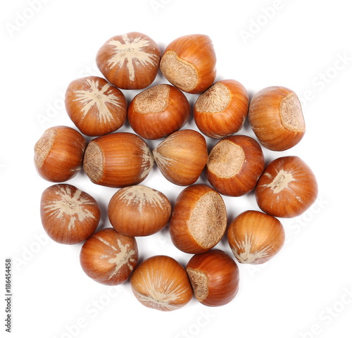 Hazelnuts isolated on white background, top view
