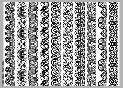Set of ten seamless endless decorative lines. Indian decoration border elements patterns in black and white colors. Could be used as divider, frame, etc. Vector illustrations.