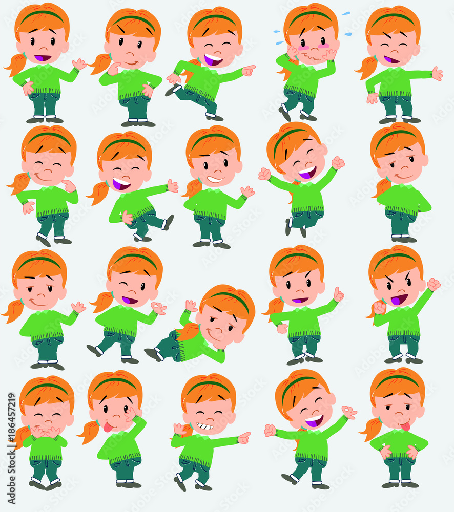 Cartoon character girl with sweater. Set with different postures, attitudes and poses, always in positive attitude, doing different activities in vector vector illustrations.