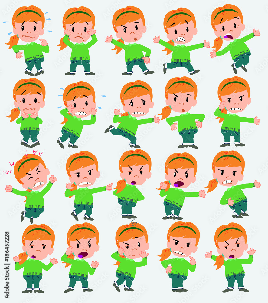Cartoon character girl with sweater. Set with different postures, attitudes and poses, always in negative attitude, doing different activities in vector vector illustrations. Cartoon character girl with sweater. Set with different postures, attitudes and poses, always in negative attitude, doing different activities in vector vector illustrations.