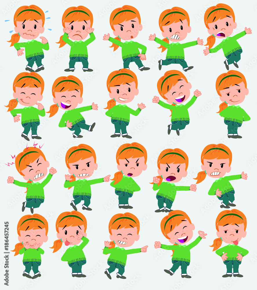Cartoon character white girl with sweater. Set with different postures, attitudes and poses, doing different activities in isolated vector illustrations. Cartoon character white girl with sweater. Set with different postures, attitudes and poses, doing different activities in isolated vector illustrations.