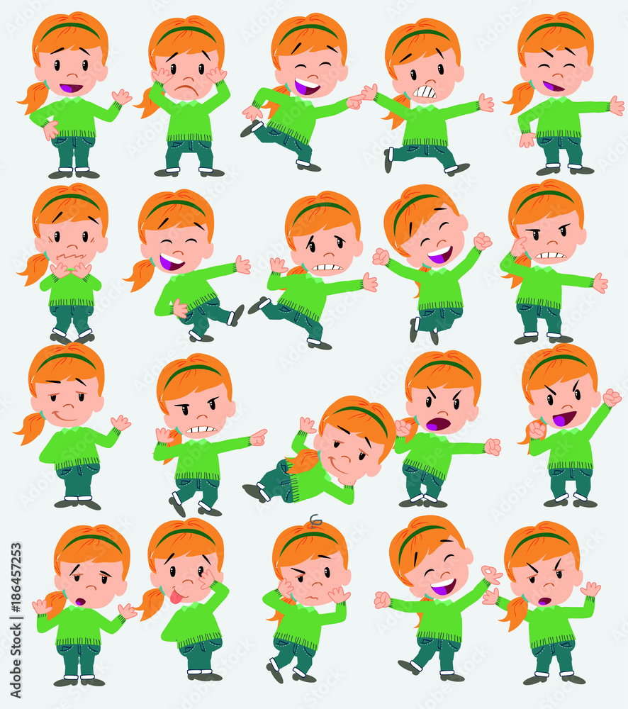 Cartoon character white girl with sweater. Set with different postures, attitudes and poses, doing different activities in isolated vector illustrations. Cartoon character white girl with sweater. Set with different postures, attitudes and poses, doing different activities in isolated vector illustrations.