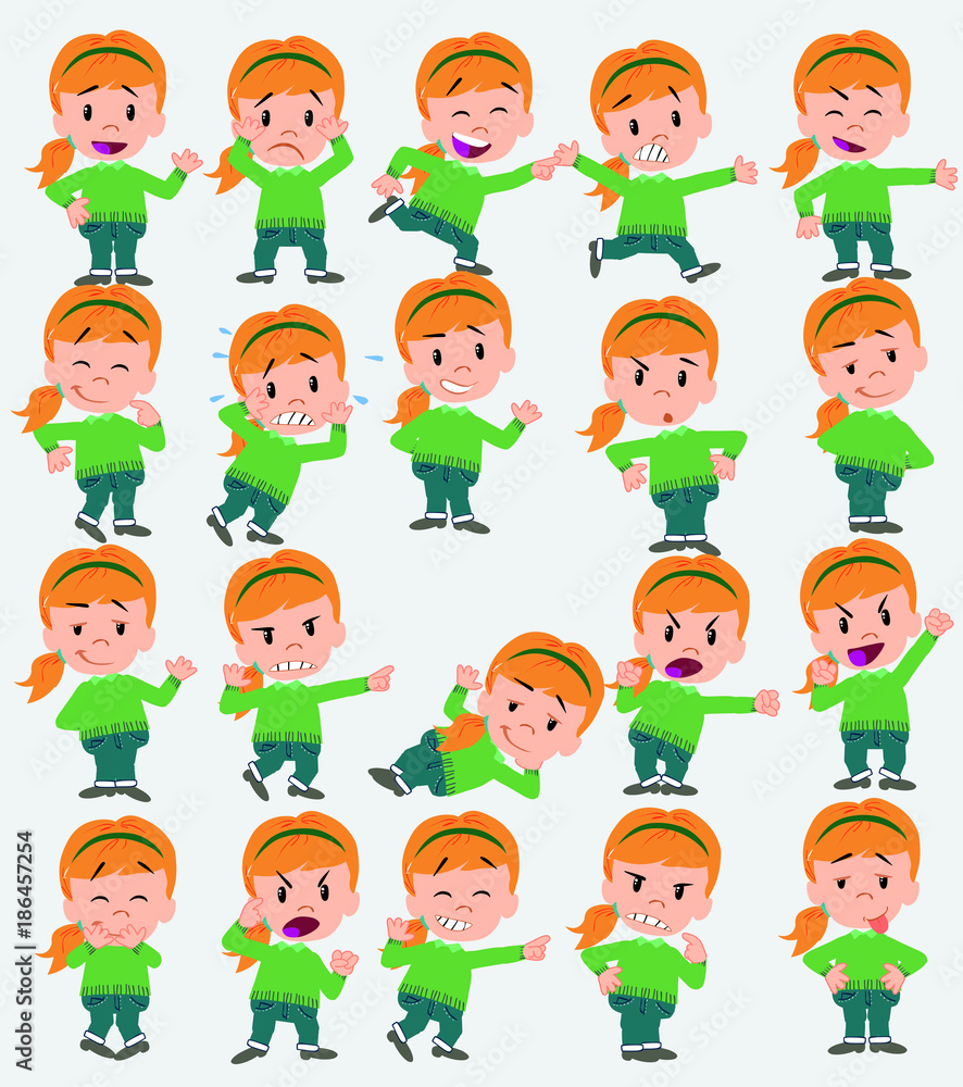 Cartoon character white girl with sweater. Set with different postures, attitudes and poses, doing different activities in isolated vector illustrations. Cartoon character white girl with sweater. Set with different postures, attitudes and poses, doing different activities in isolated vector illustrations.