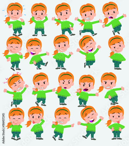 Cartoon character white girl with sweater. Set with different postures  attitudes and poses  doing different activities in isolated vector illustrations.
