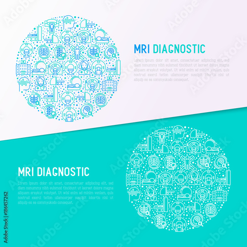 MRI diagnostics concept in circle with thin line icons. Modern vector illustration of laboratory equipment for web page template, print media, banner.