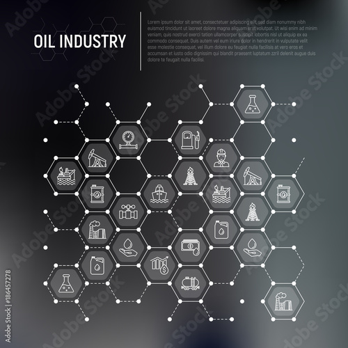 Oil industry concept in honeycombs with thin line icons: gas, petroleum, diesel,  truck, tanker, ship, refinery, barrel. Modern vector illustration, web page template.