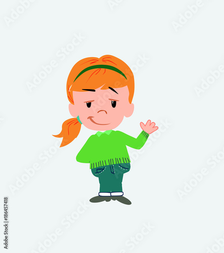 White girl with sweater waving with a dreamy expression.