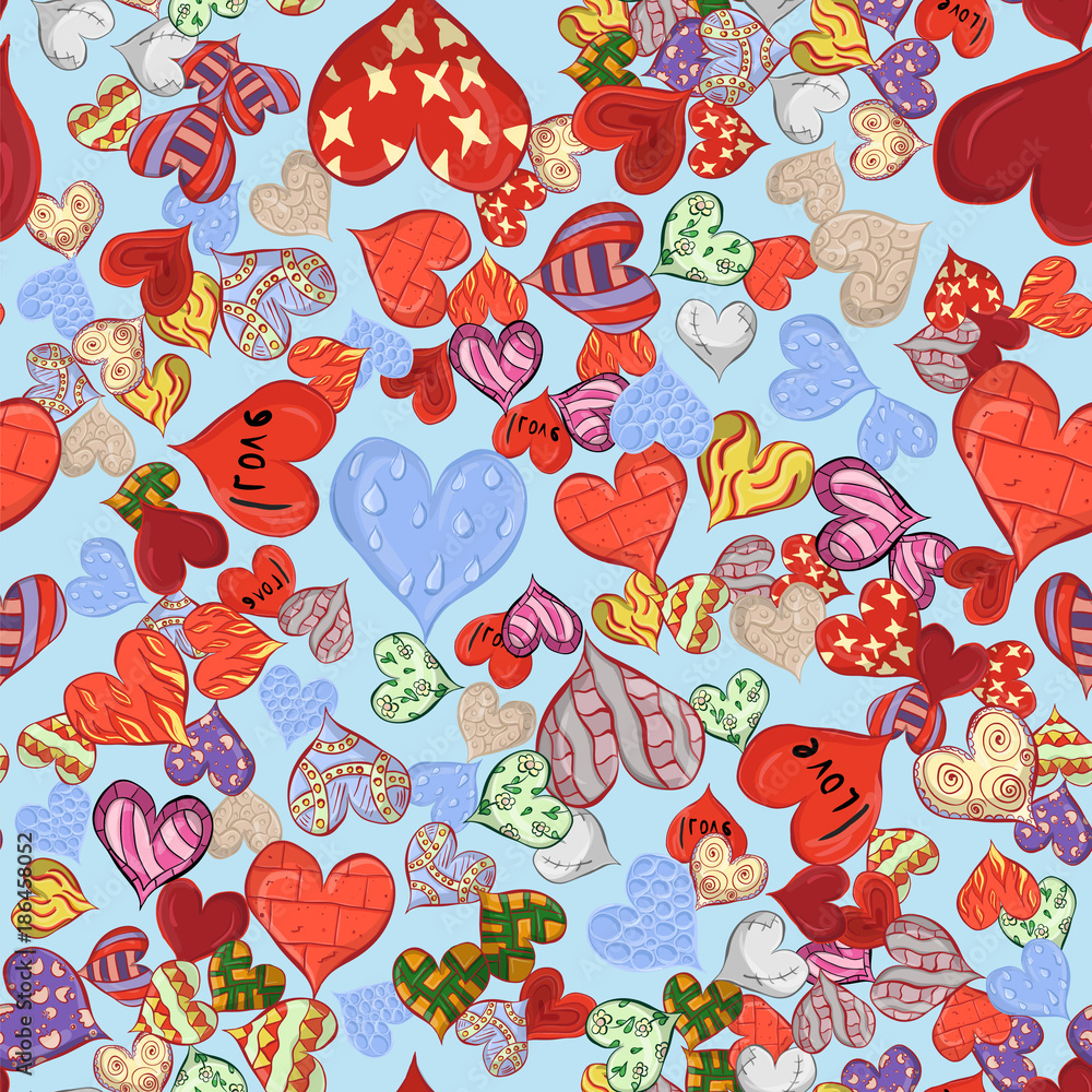 seamless pattern of sketched hearts in various designs blue background seamless pattern of sketched hearts in various designs blue background