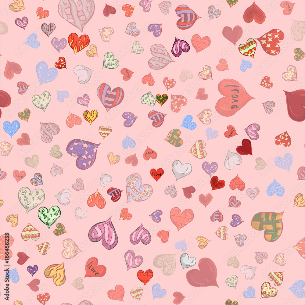 seamless pattern of sketched hearts in various designs red background