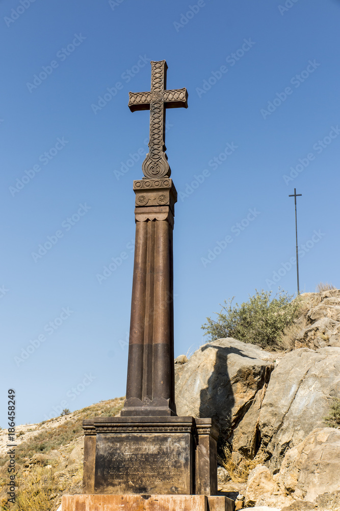 Old cross on the hill above the Khor Virap monastery in Armeni.
